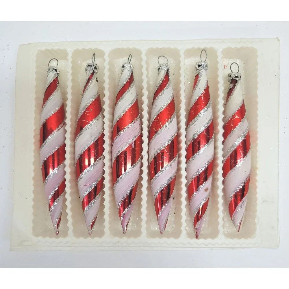Columbia Red White Candy Cane Striped Glass Icicle Christmas Ornaments Set of 6